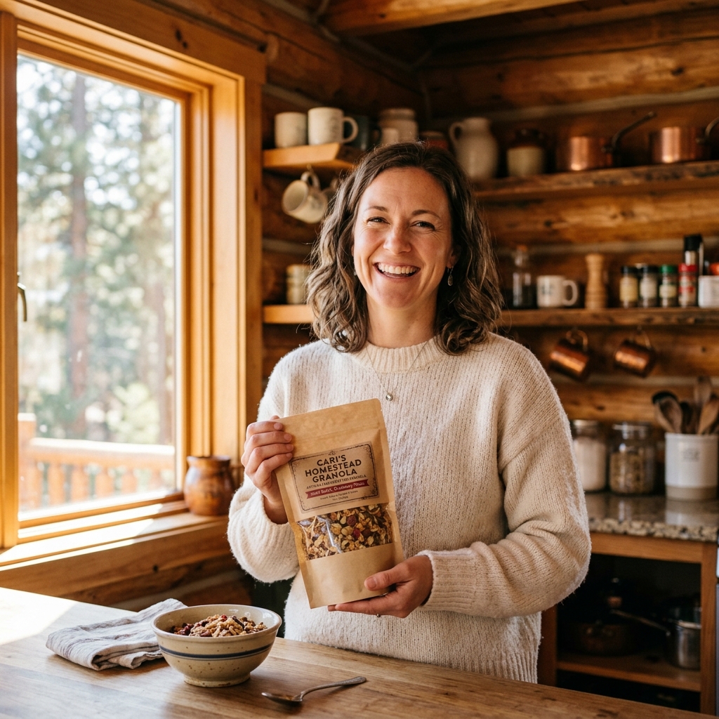 Cari in a cozy log cabin kitchen crafting fresh granola