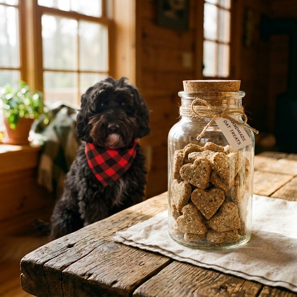 Healthy heart-shaped Waggin Oats dog treats in a jar next to Murphy, a fluffy black dog wearing a red and black checkered bandana